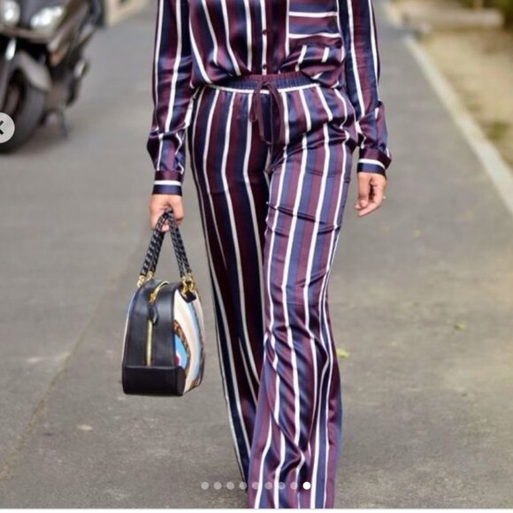 Joseph | US 10/L or FR 42 | College Stripe Pull-On Silk Pants | Navy, Burgundy, - Picture 3 of 7